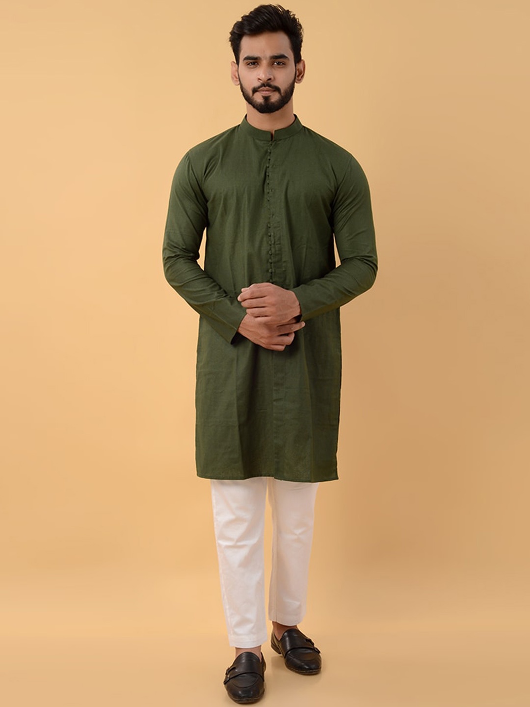 

House of K.C Mandarin Collar Cotton Straight Kurta, Green