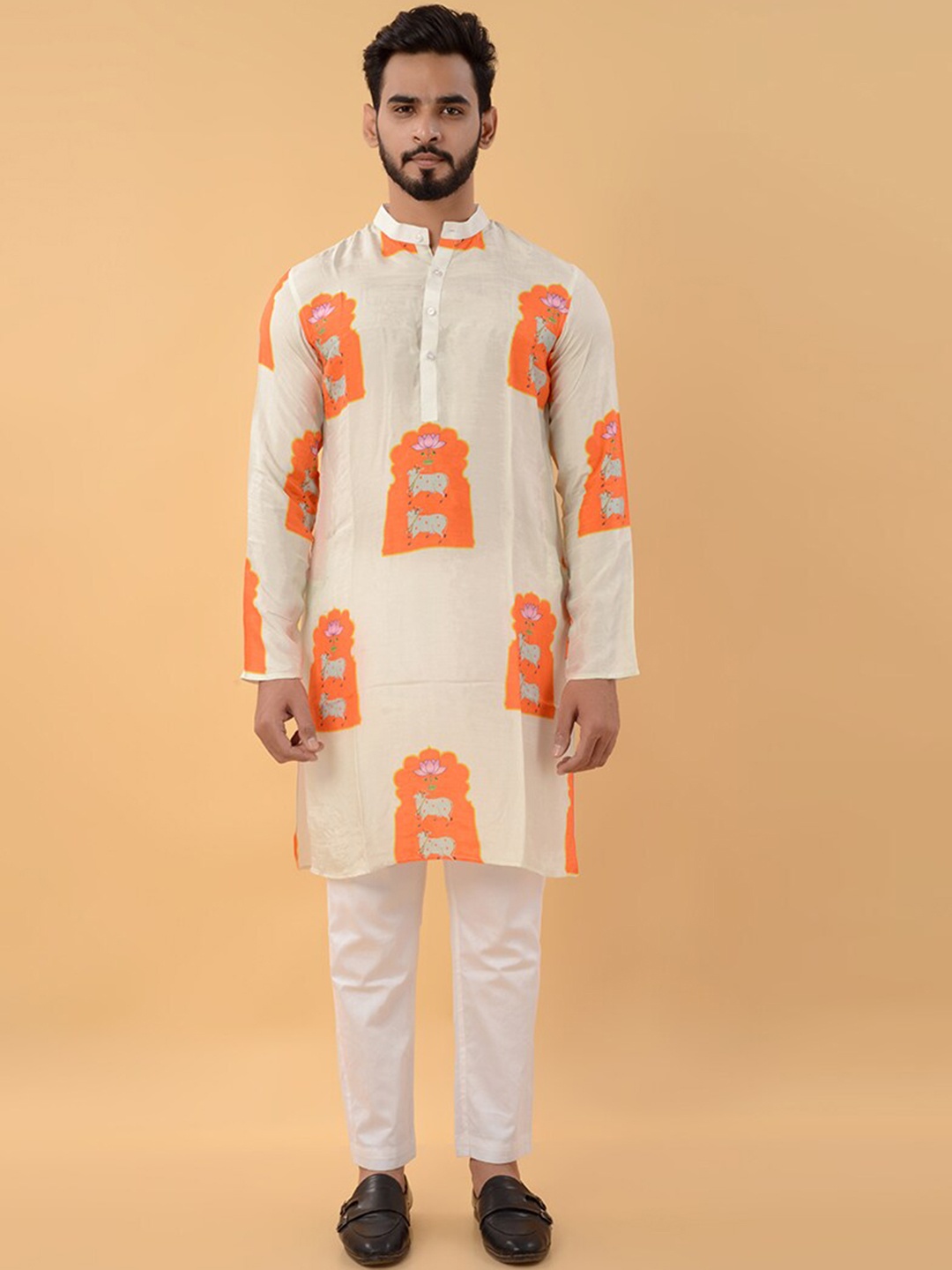 

House of K.C Ethnic Motifs Printed Band Collar Silk Straight Kurta, White