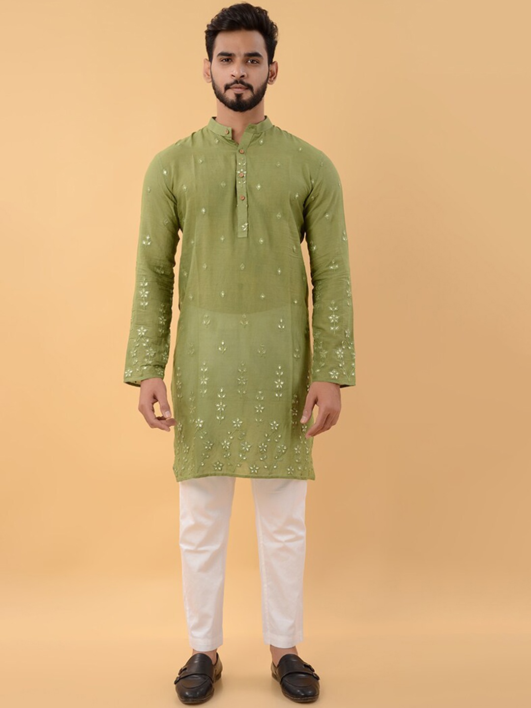 

House of K.C Embellished Mirror Work Cotton Straight Kurta, Green