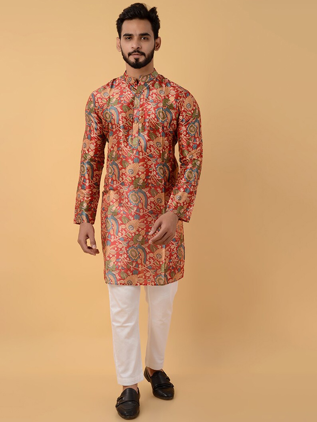 

House of K.C Floral Printed Band Collar Straight Silk Kurta, Red