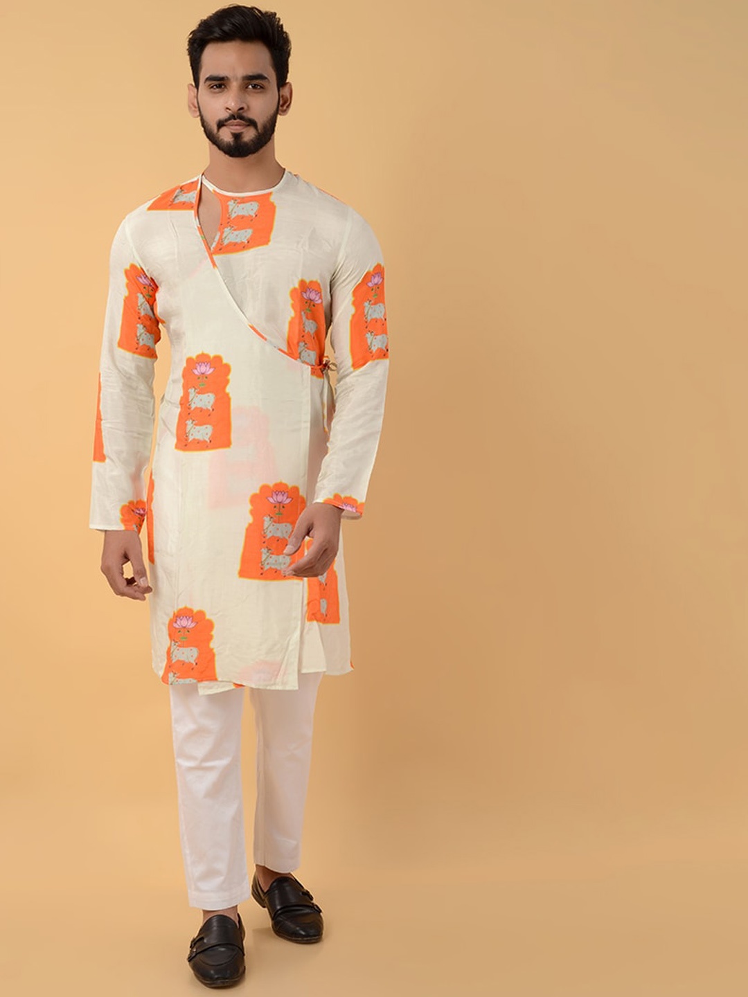 

House of K.C Ethnic Motifs Printed Angarkha Style Silk Kurta, White