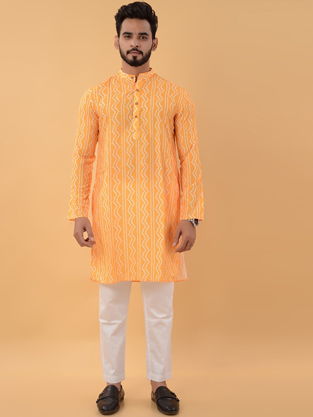 

House of K.C Bandani Printed Band Collar Cotton Silk Straight Kurta, Yellow