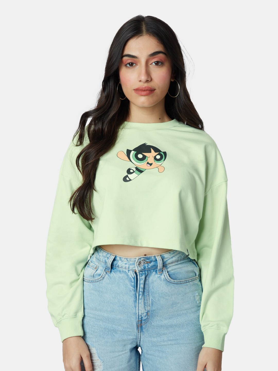 

The Souled Store Powerpuff Girls Printed Cotton Crop Sweatshirt, Green