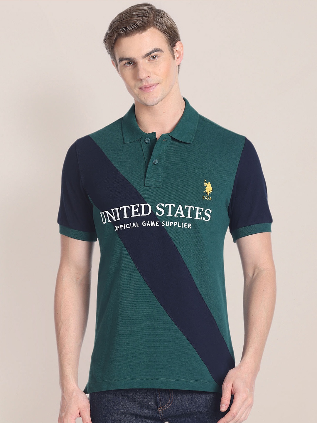 

U.S. Polo Assn. Colourblocked Pure Cotton Slim Fit T-shirt, Green