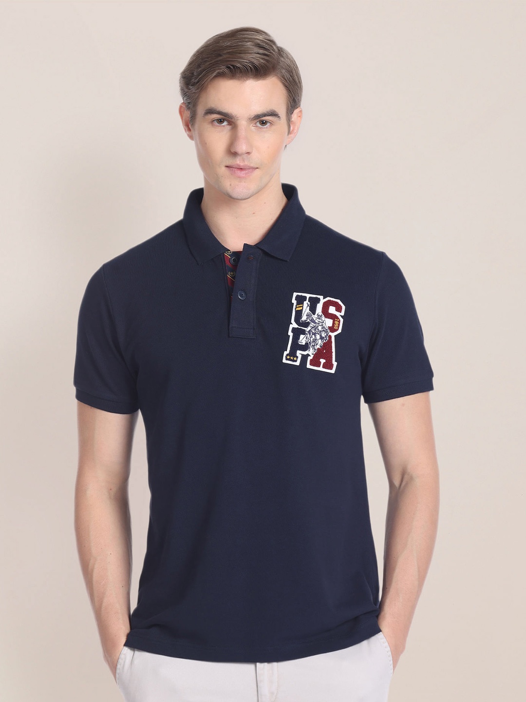 

U.S. Polo Assn. Typography Printed Polo Collar Pure Cotton Slim Fit T-shirt, Navy blue