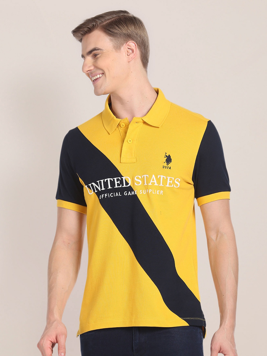 

U.S. Polo Assn. Typography Printed Polo Collar Slim Fit Pure Cotton T-shirt, Yellow