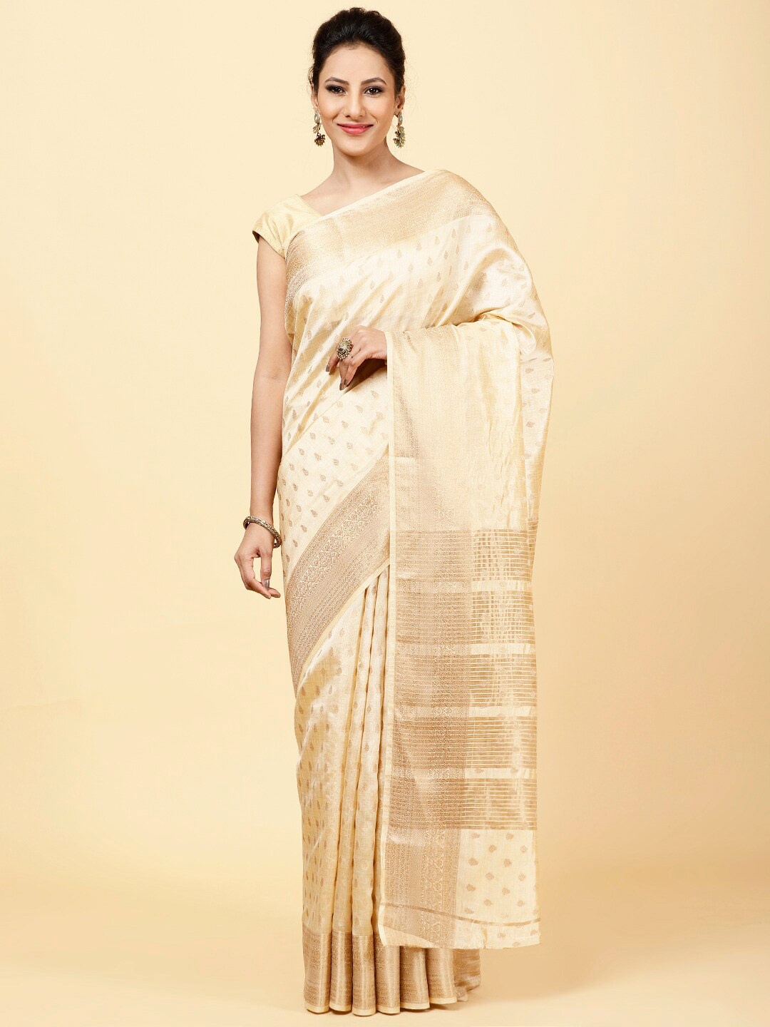 

Meena Bazaar Ethnic Motifs Woven Design Zari Art Silk Saree, Beige