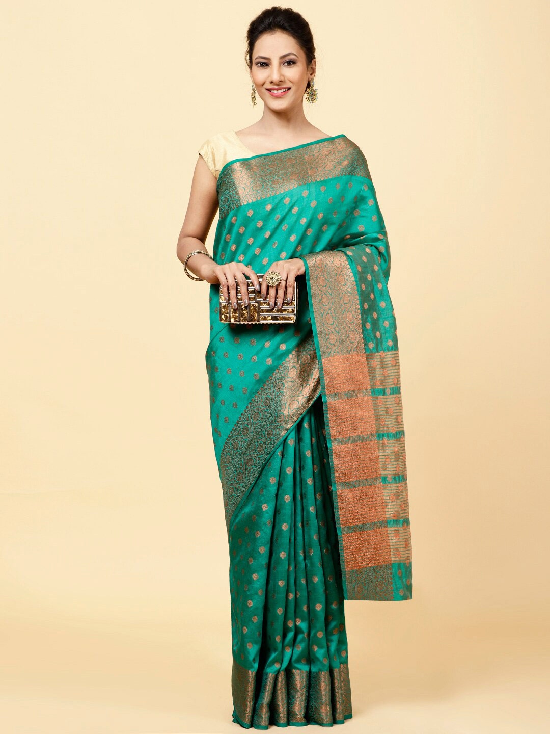 

Meena Bazaar Ethnic Motifs Woven Design Zari Saree, Green