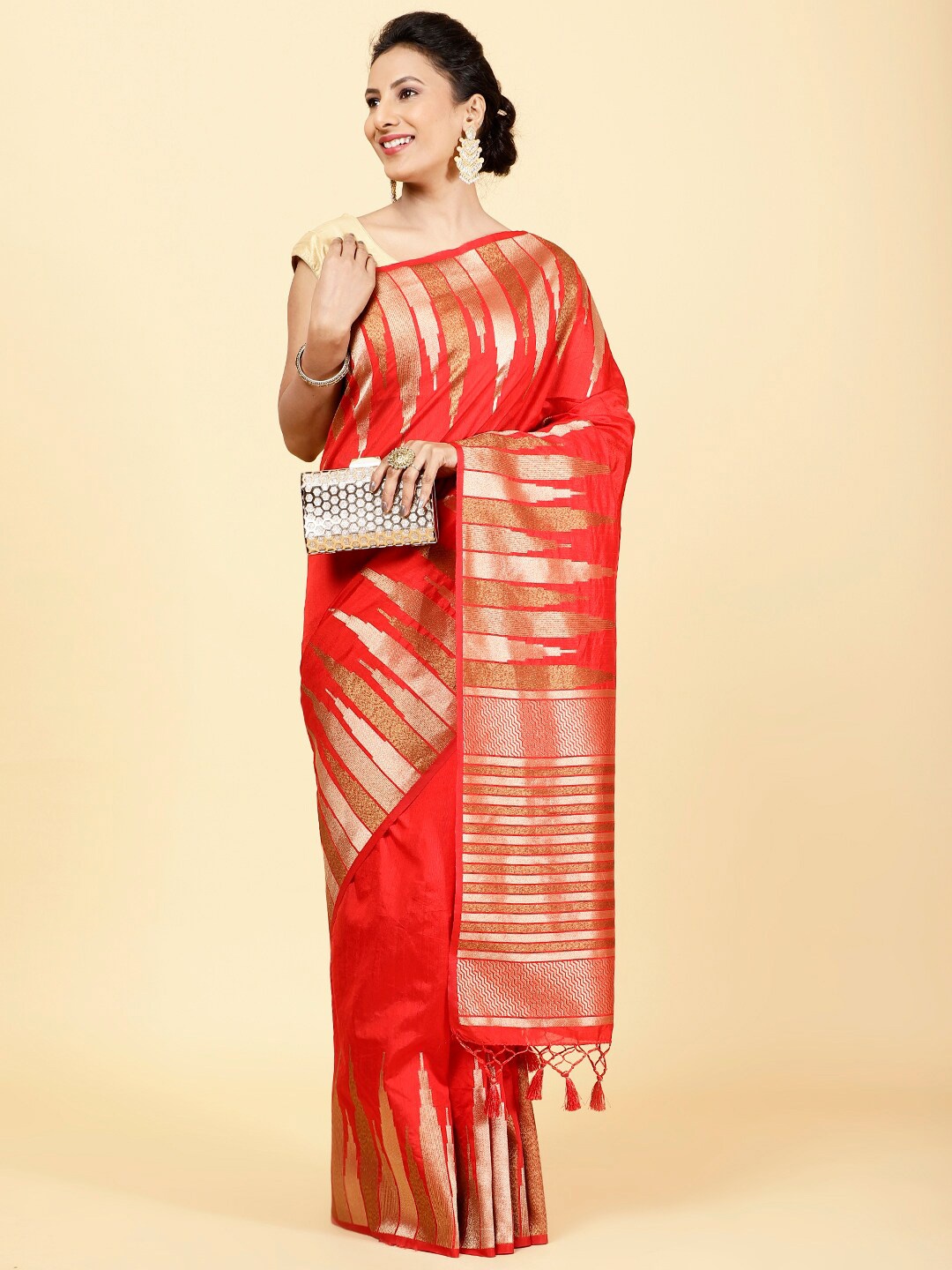 

Meena Bazaar Geometric Woven Design Zari Saree, Red