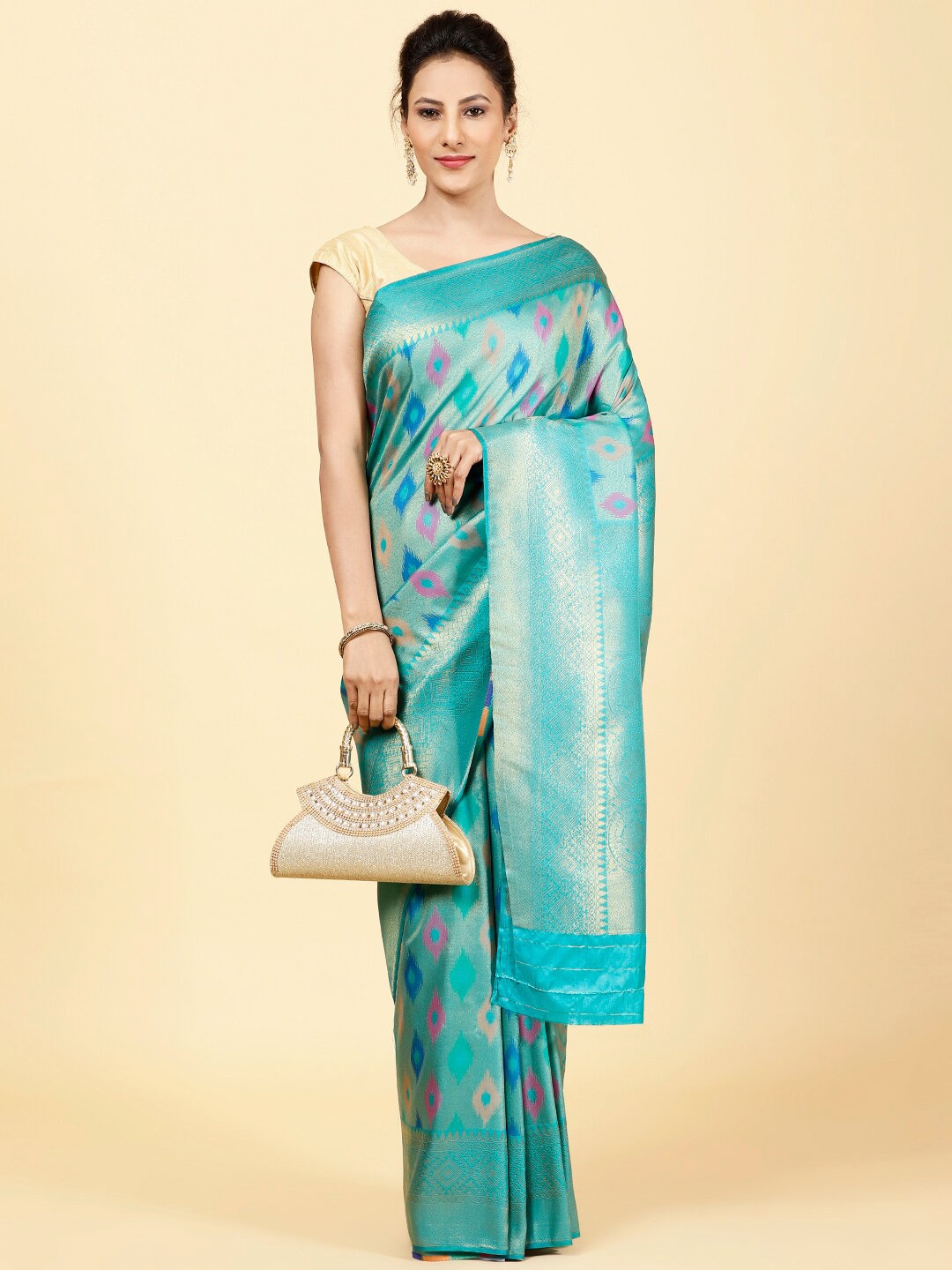 

Meena Bazaar Ethnic Motifs Woven Design Zari Art Silk Saree, Sea green