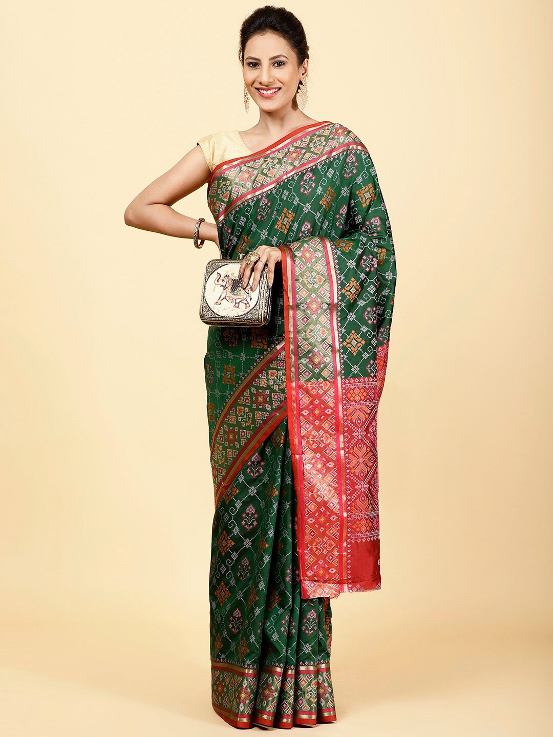 

Meena Bazaar Ethnic Motifs Woven Design Zari Art Silk Saree, Green