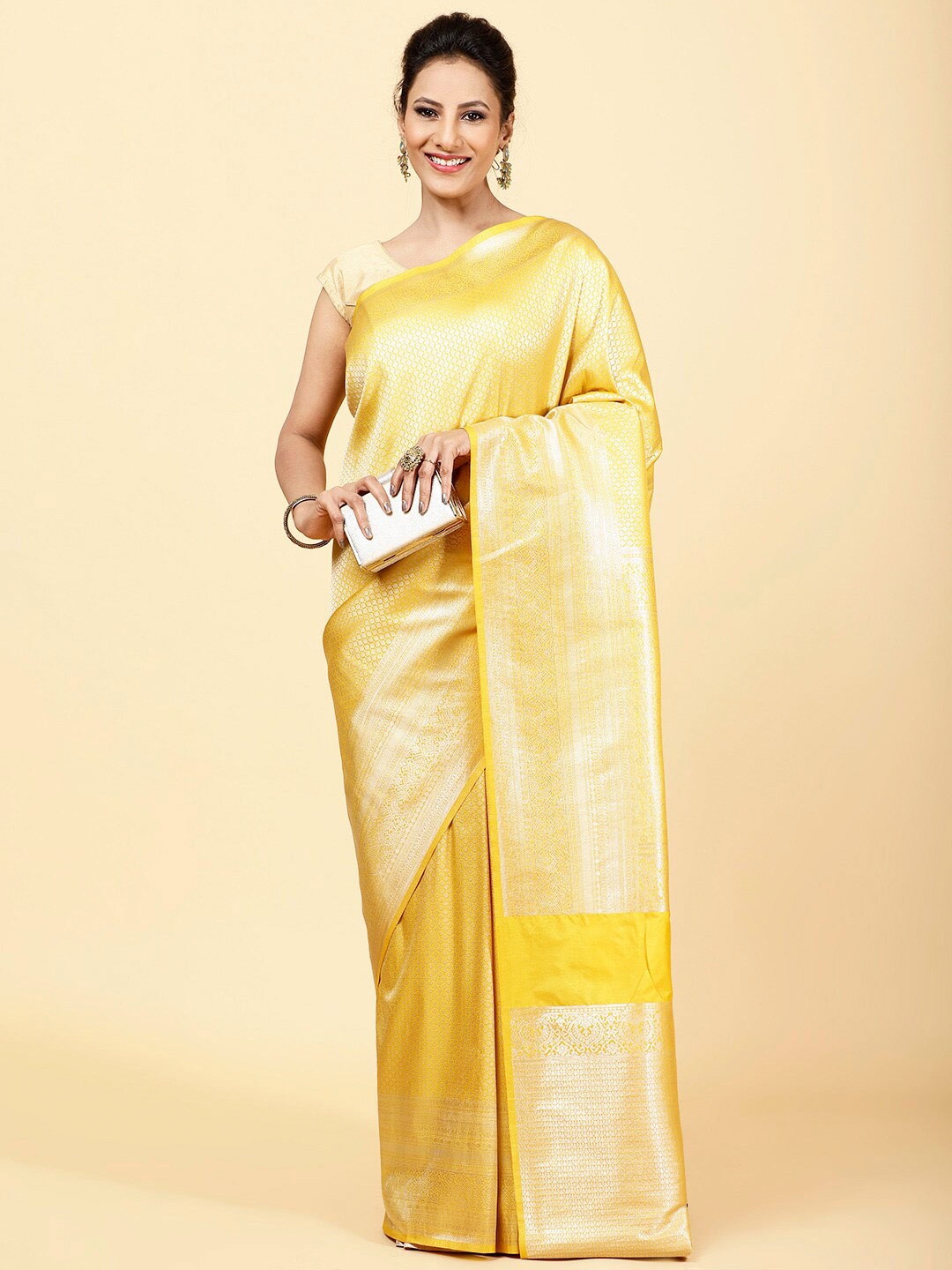 

Meena Bazaar Ethnic Motifs Woven Design Zari Art Silk Saree, Mustard