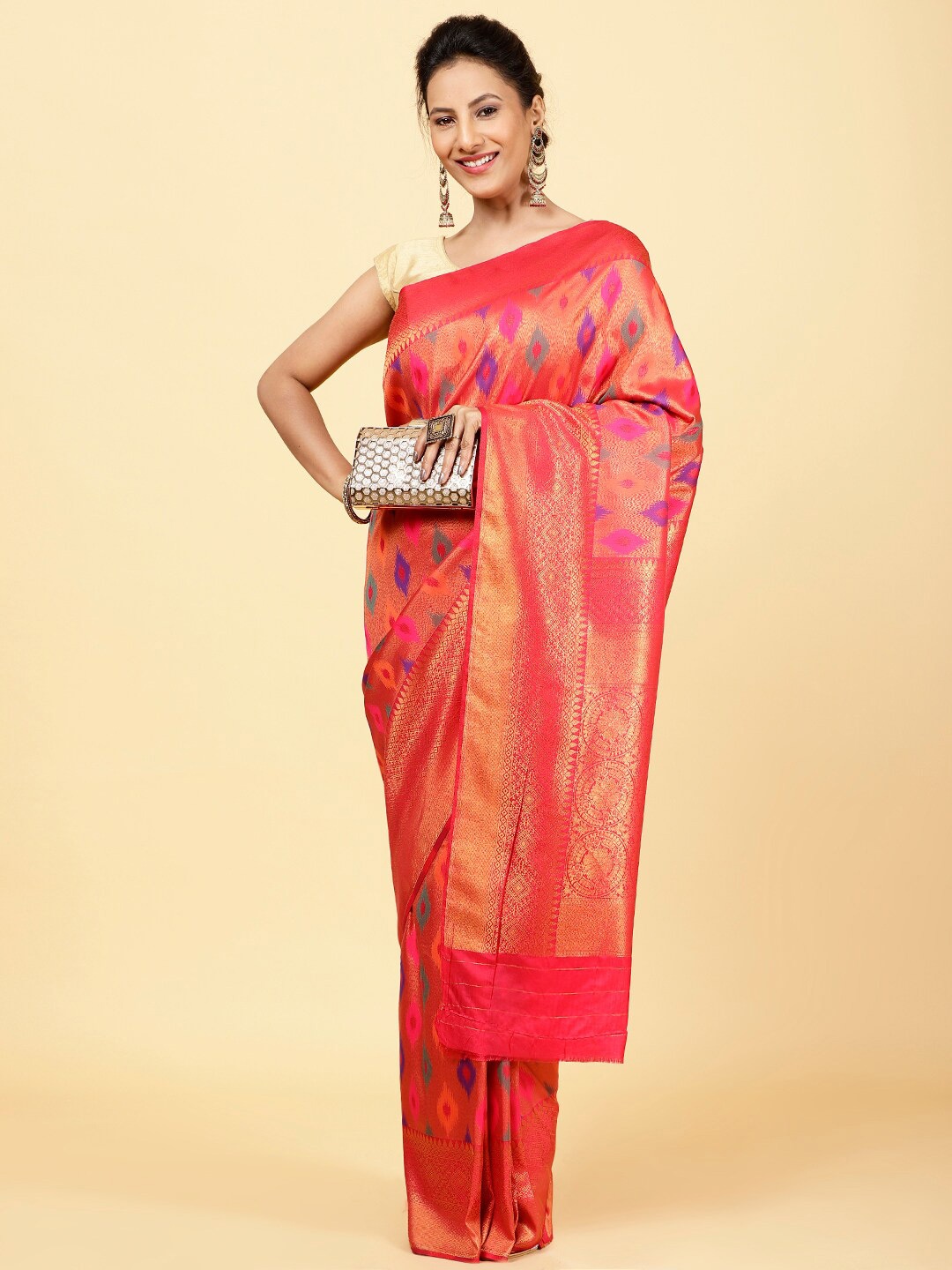

Meena Bazaar Ethnic Motifs Woven Design Zari Art Silk Saree, Pink