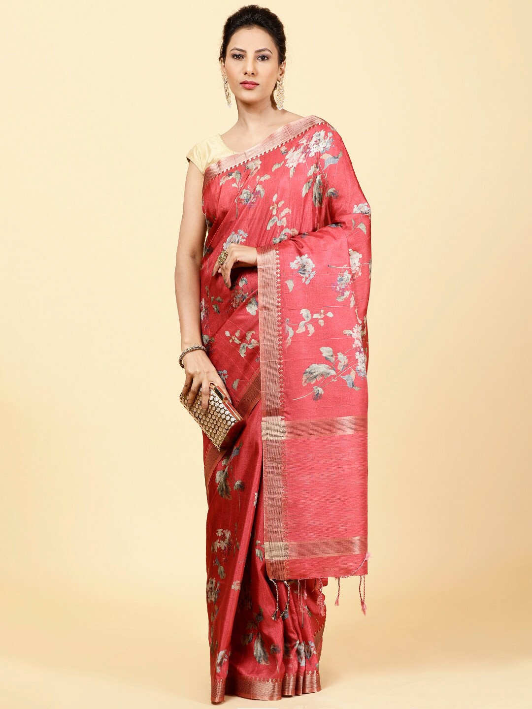 

Meena Bazaar Floral Printed Zari Art Silk Saree, Red