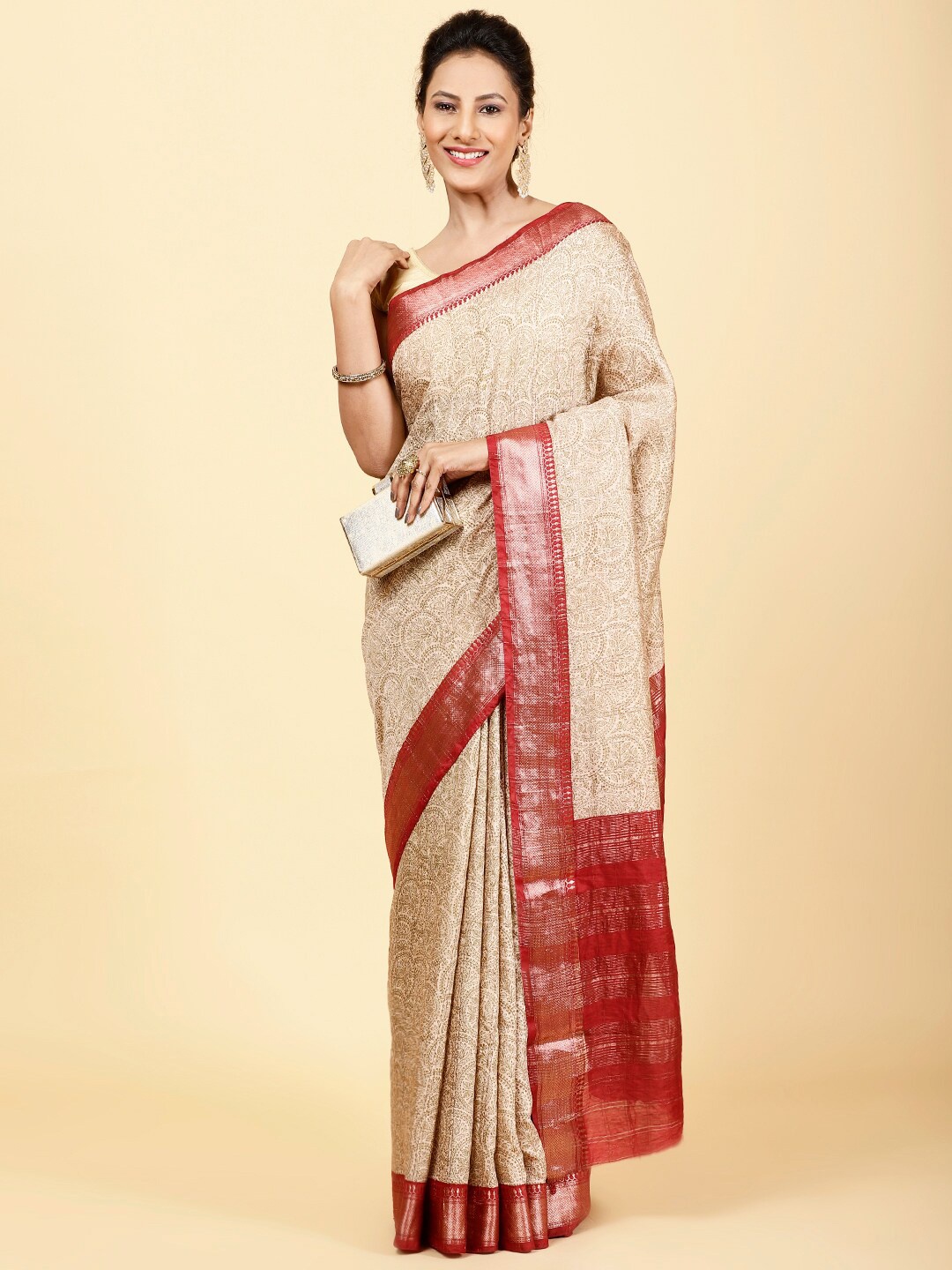 

Meena Bazaar Ethnic Motifs Printed Zari Saree, Beige