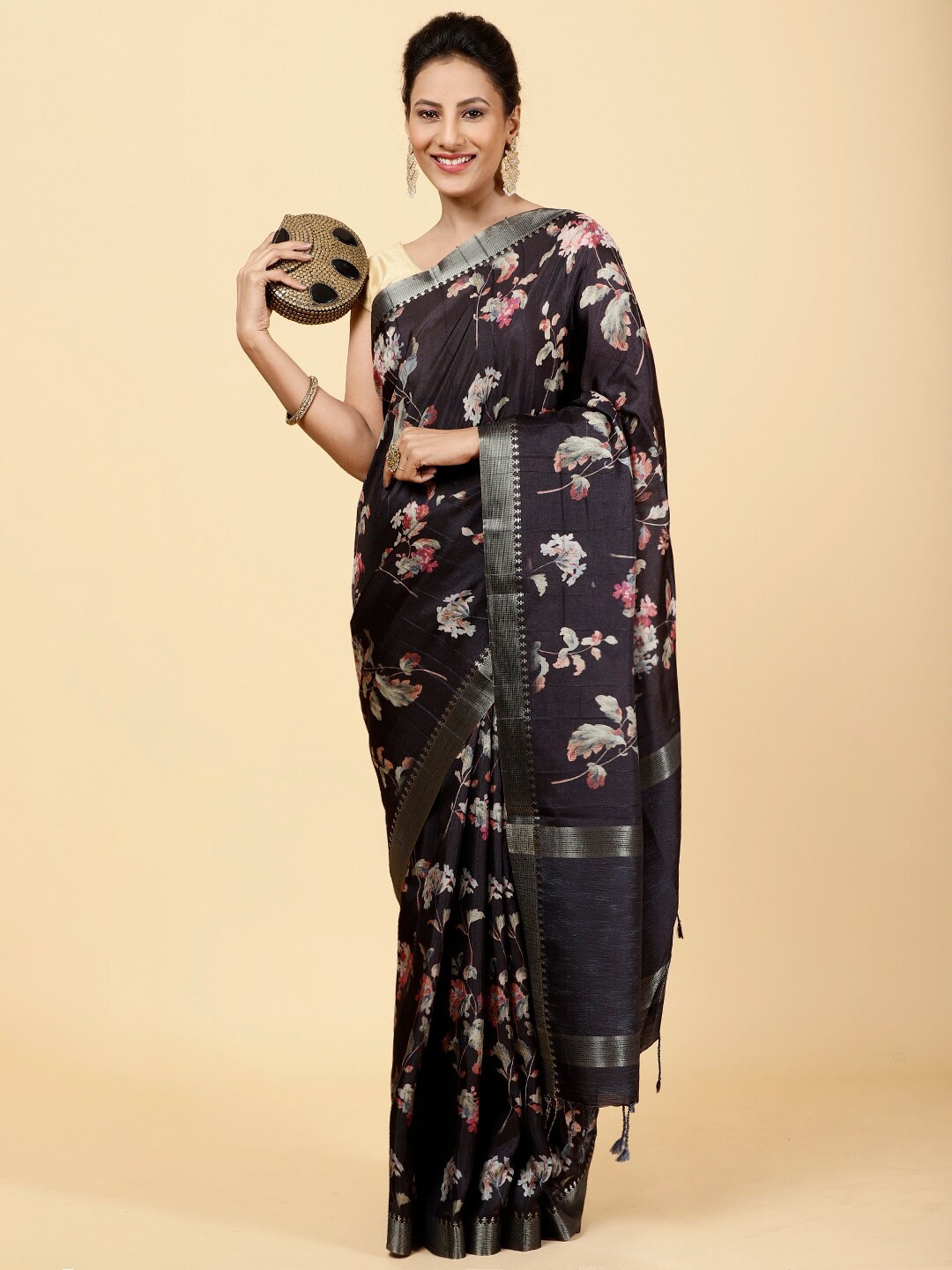 

Meena Bazaar Floral Printed Zari Art Silk Saree, Black