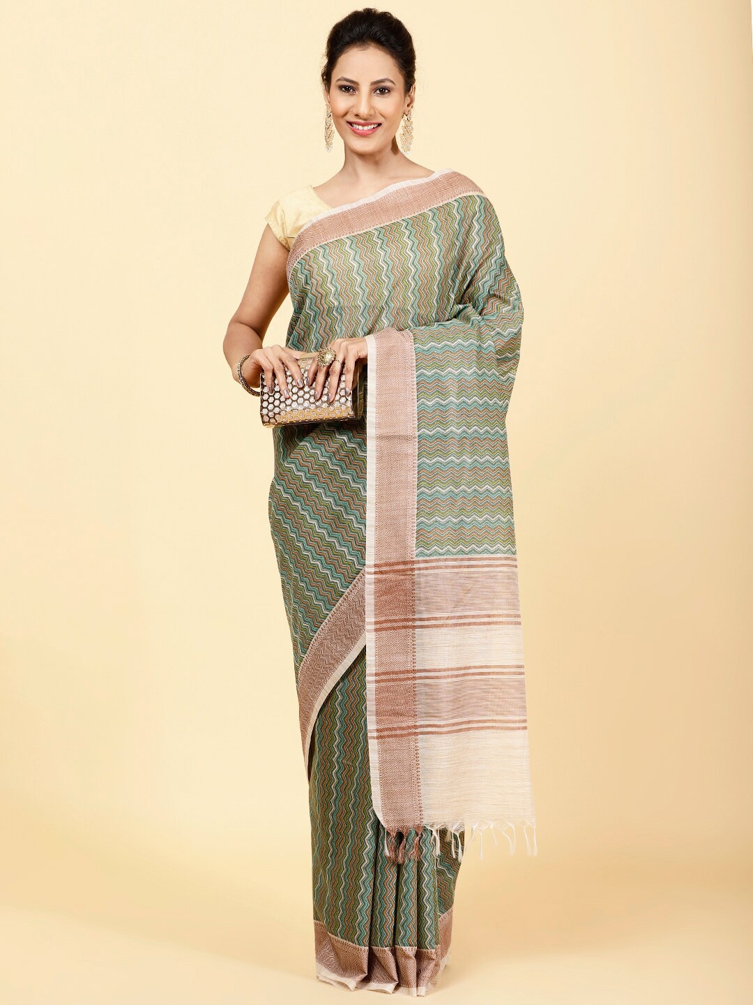 

Meena Bazaar Striped Woven Design Saree, Green