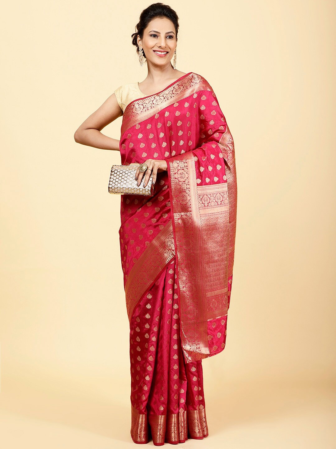 

Meena Bazaar Woven Design Zari Art Silk Saree, Coral