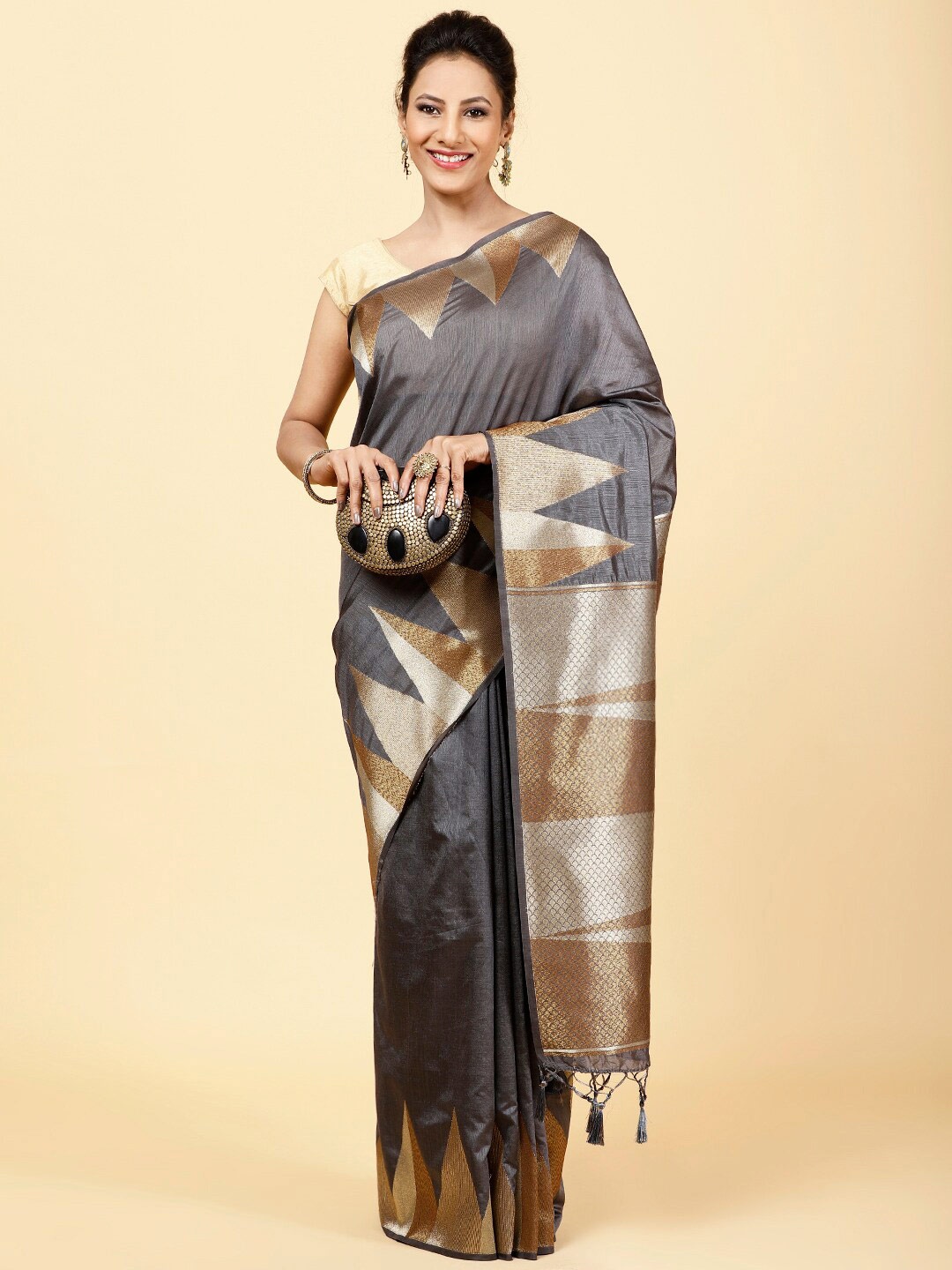 

Meena Bazaar Woven Design Border Zari Saree, Grey