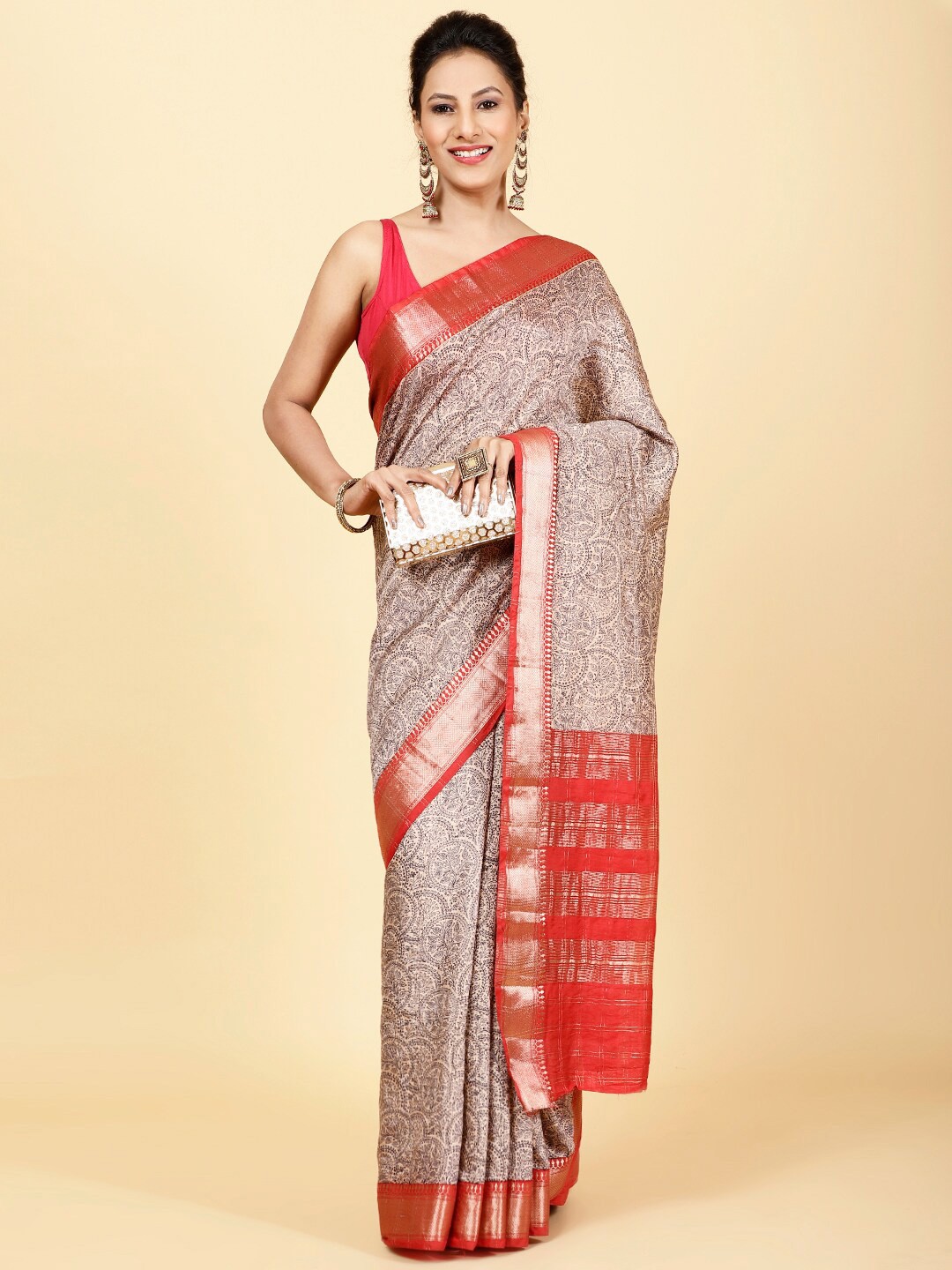 

Meena Bazaar Ethnic Motifs Printed Zari Saree, Red