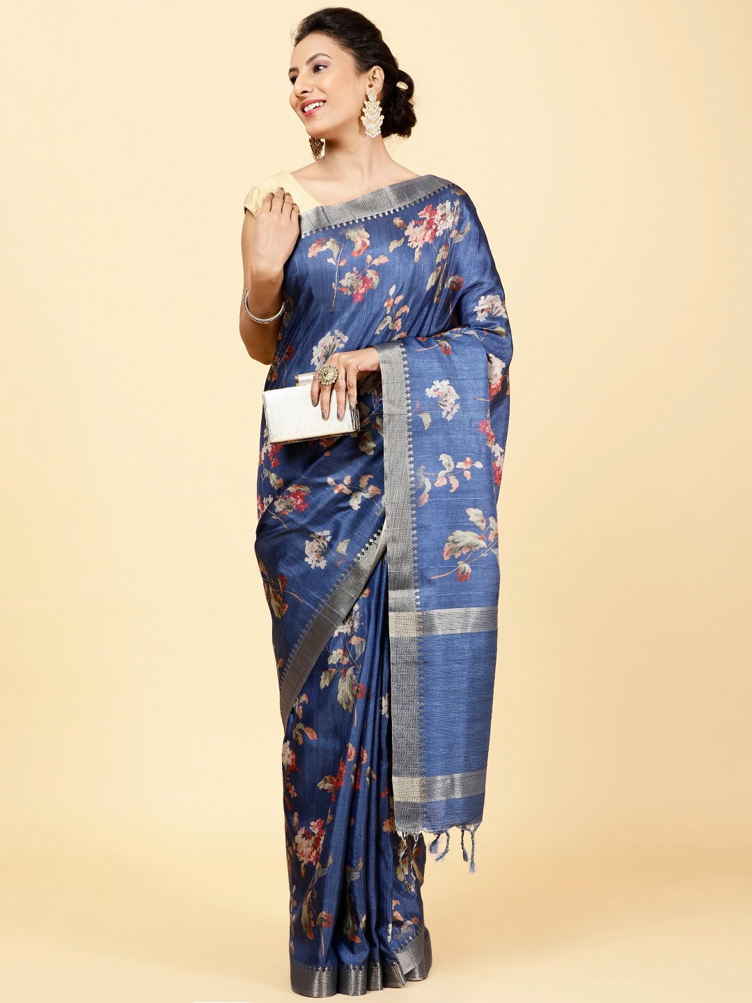 

Meena Bazaar Floral Printed Zari Saree, Blue