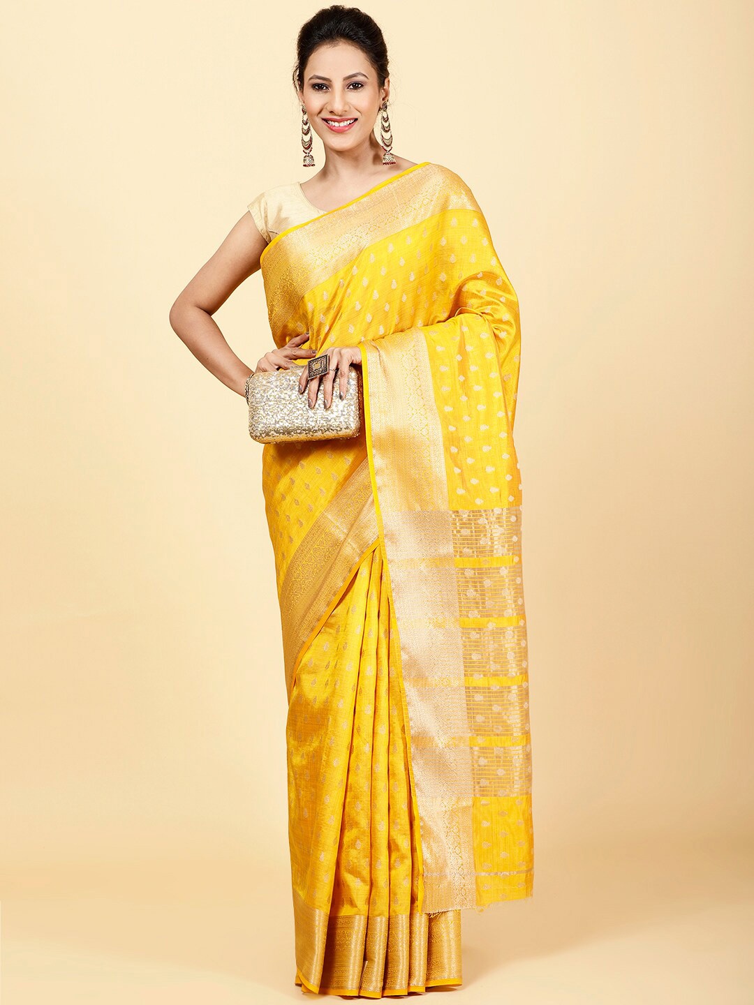 

Meena Bazaar Ethnic Motifs Woven Design Zari Saree, Mustard