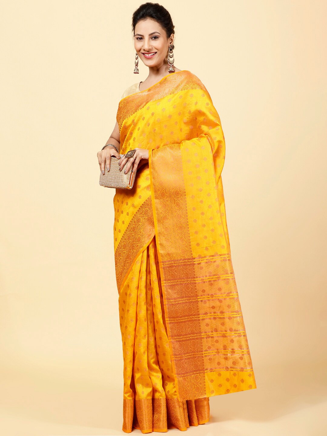 

Meena Bazaar Ethnic Motifs Woven Design Zari Art Silk Saree, Mustard