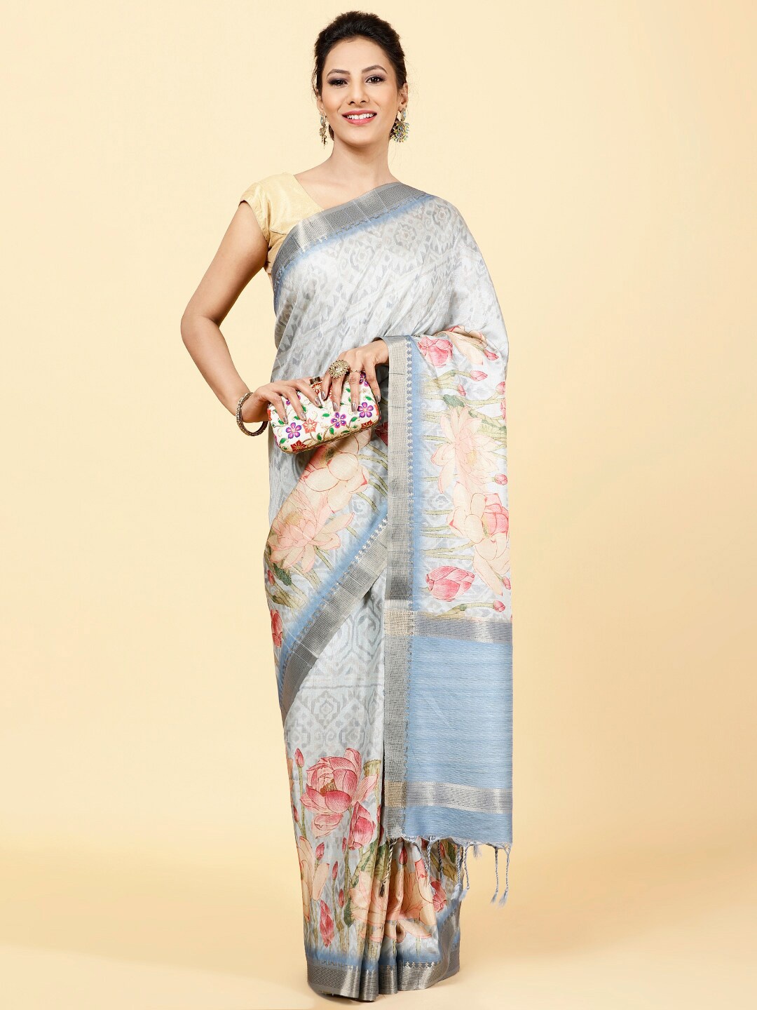 

Meena Bazaar Floral Printed Zari Art Silk Saree, Grey