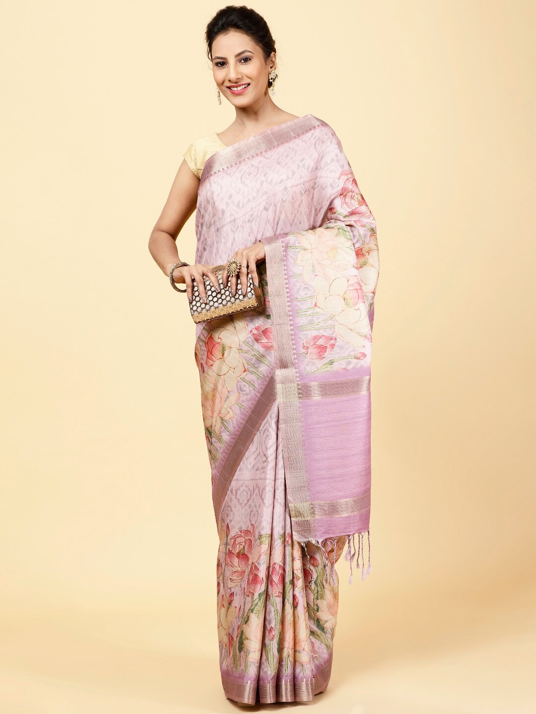 

Meena Bazaar Floral Printed Zari Art Silk Saree, Purple
