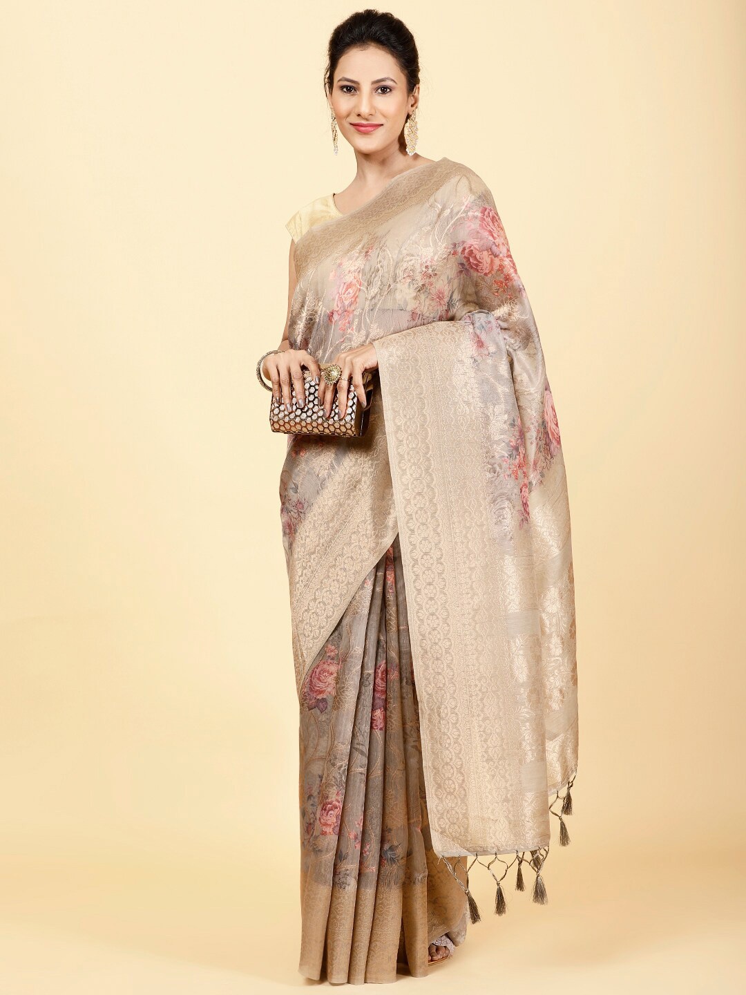 

Meena Bazaar Floral Printed Zari Art Silk Saree, Beige