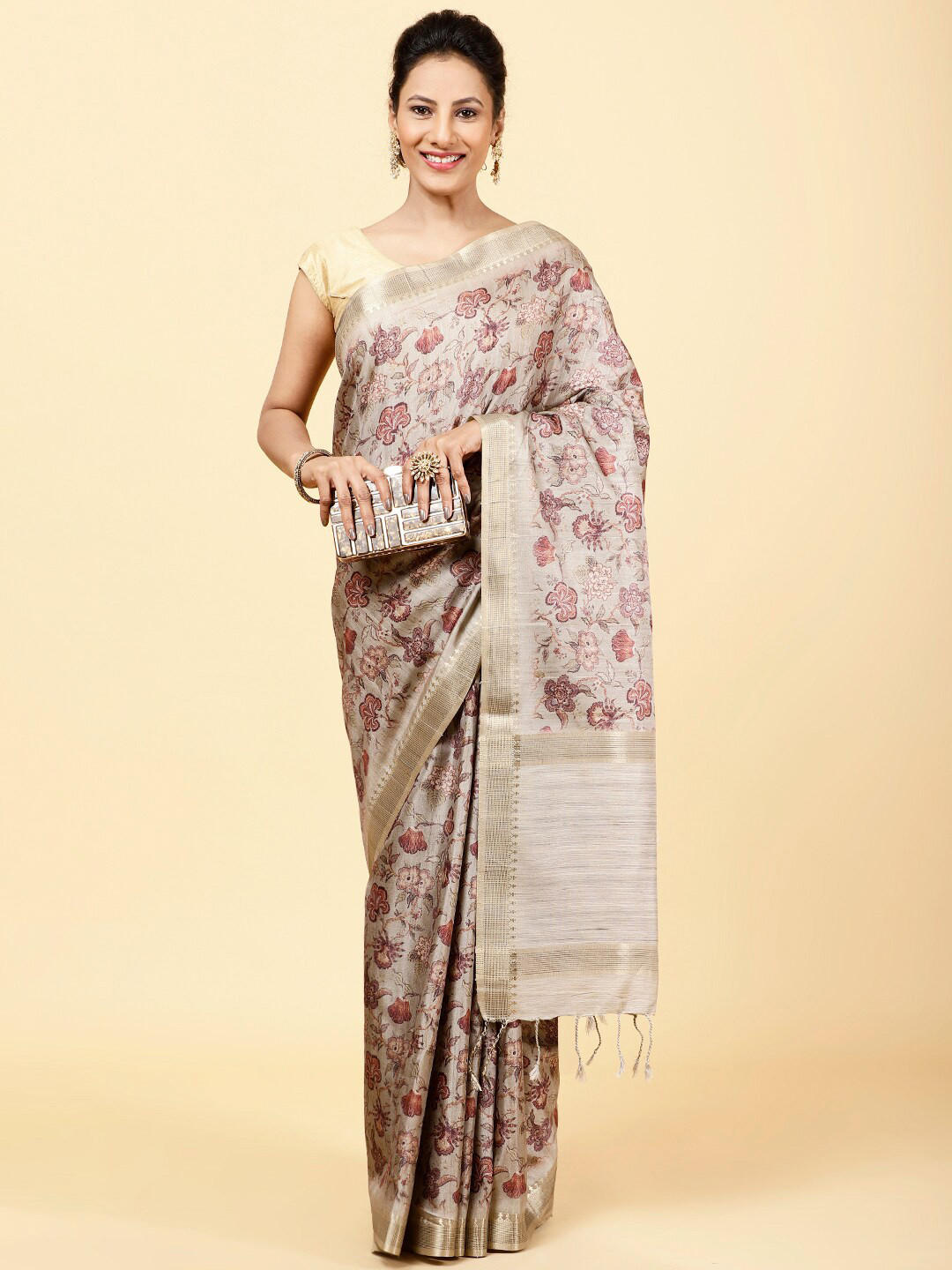 

Meena Bazaar Floral Printed Zari Art Silk Saree, Grey