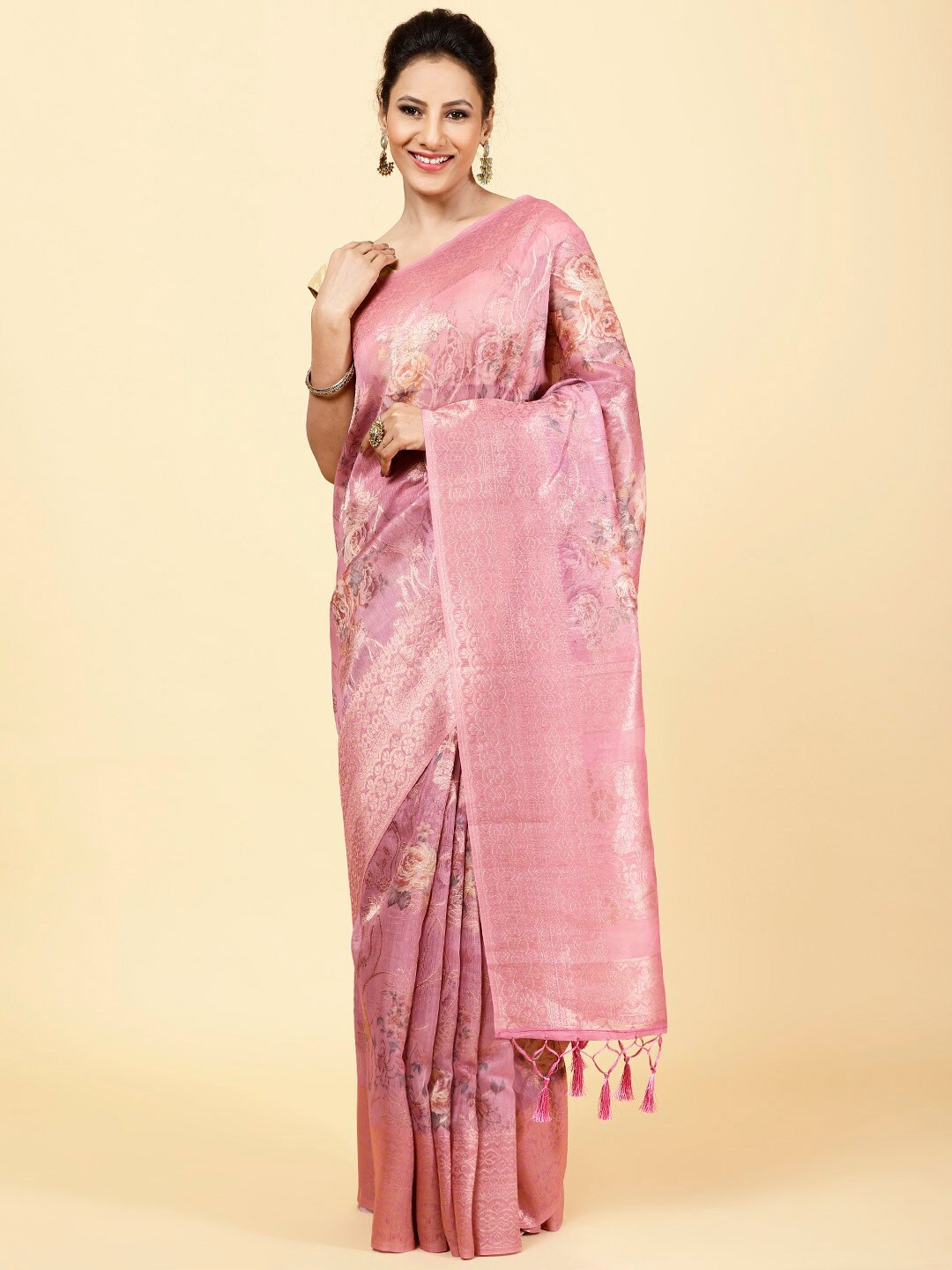 

Meena Bazaar Floral Printed Zari Saree, Pink