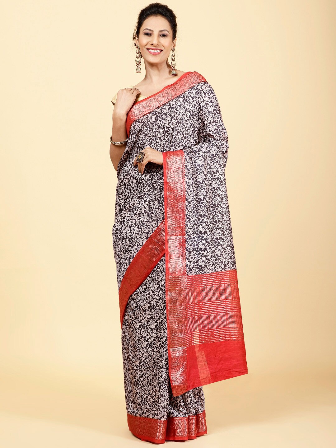 

Meena Bazaar Floral Printed Zari Art Silk Saree, Black