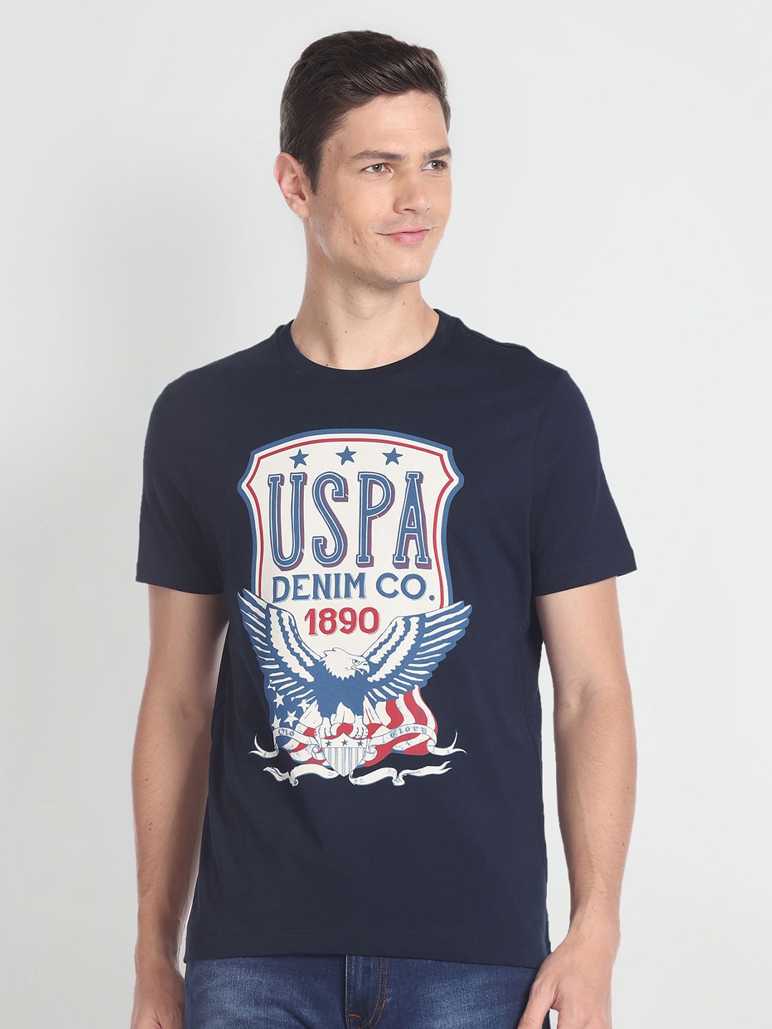 

U.S. Polo Assn. Denim Co. Typography Printed Pure Cotton Slim Fit T-shirt, Navy blue