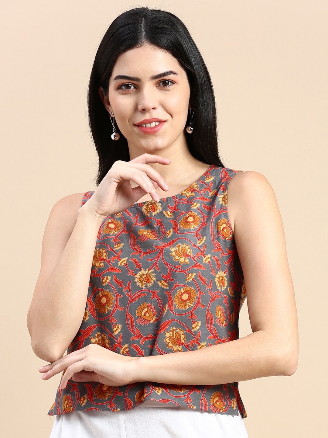 

De Moza Floral Printed Sleeveless Cotton Top, Grey