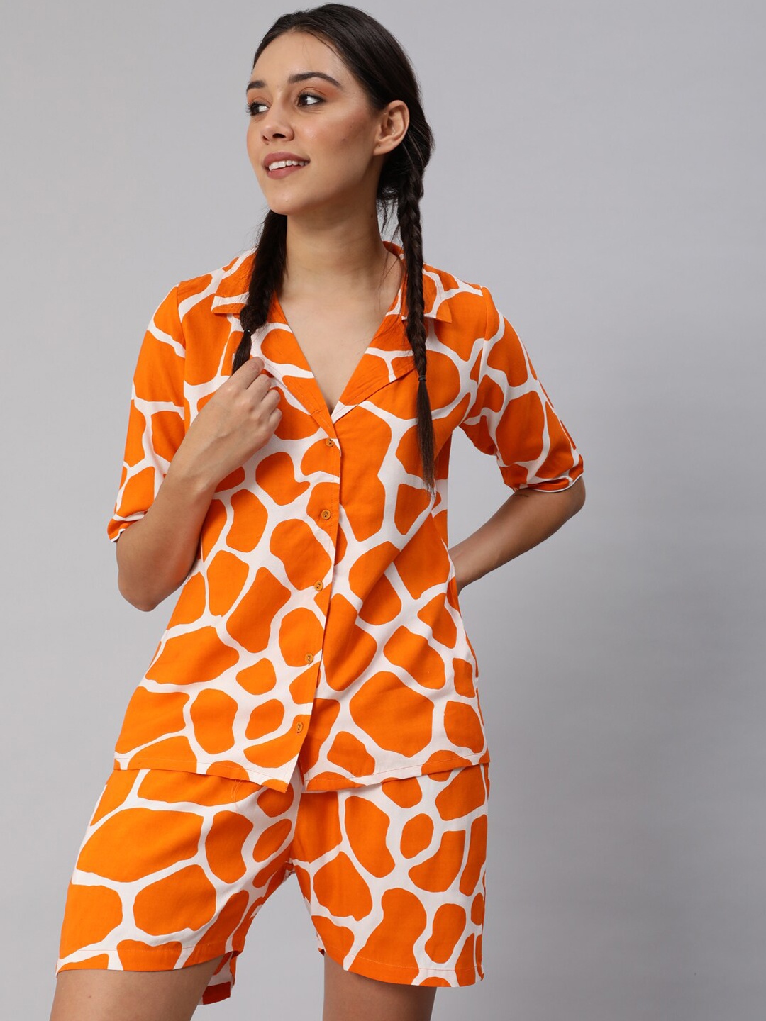 

AKS Abstract Printed Cuban Collar Pure Cotton Shirt With Shorts, Orange