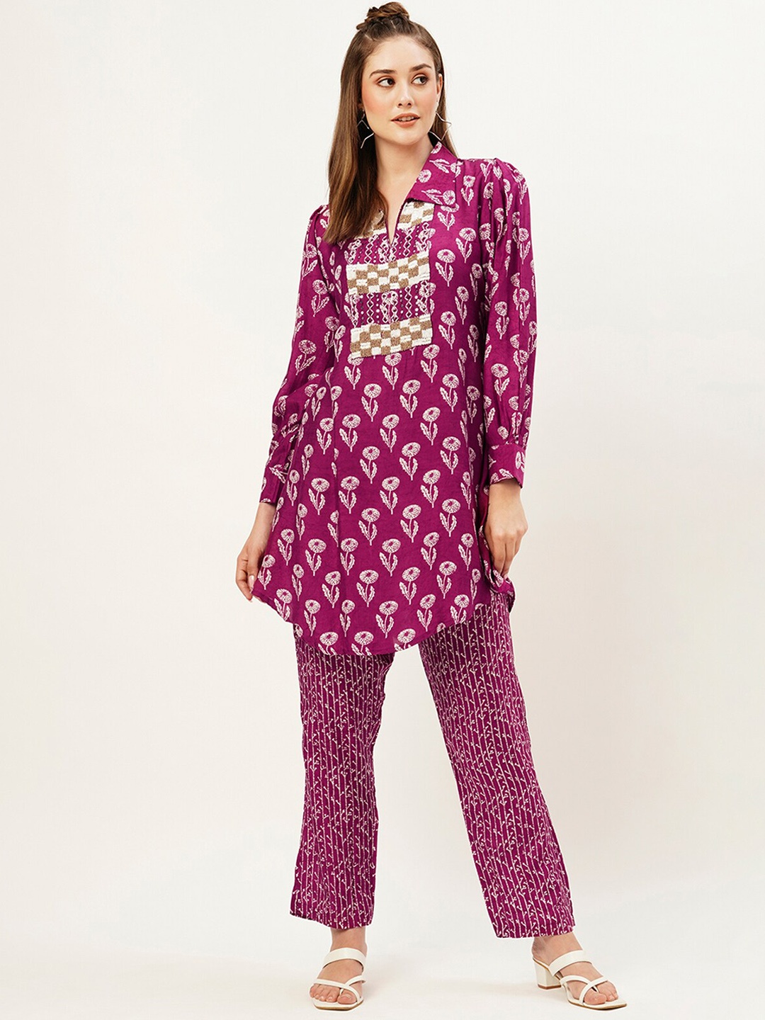 

ODETTE Floral Printed Shirt Collar Straight Kurti With Trousers, Purple