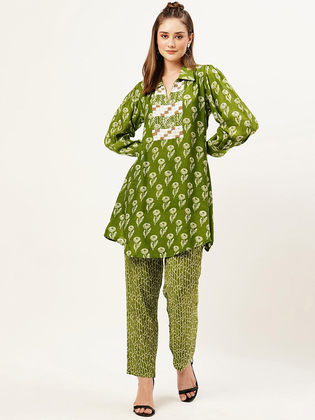 

Odette Floral Printed Shirt Collar Straight Kurti With Trousers, Green