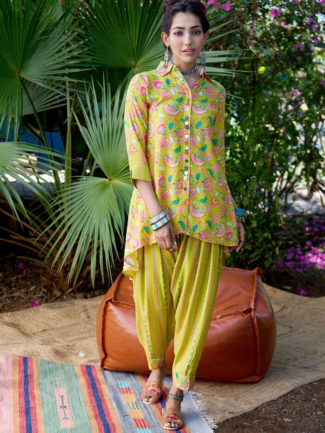 

ODETTE Floral Printed Shirt Collar Kurti With Dhoti Pants, Lime green