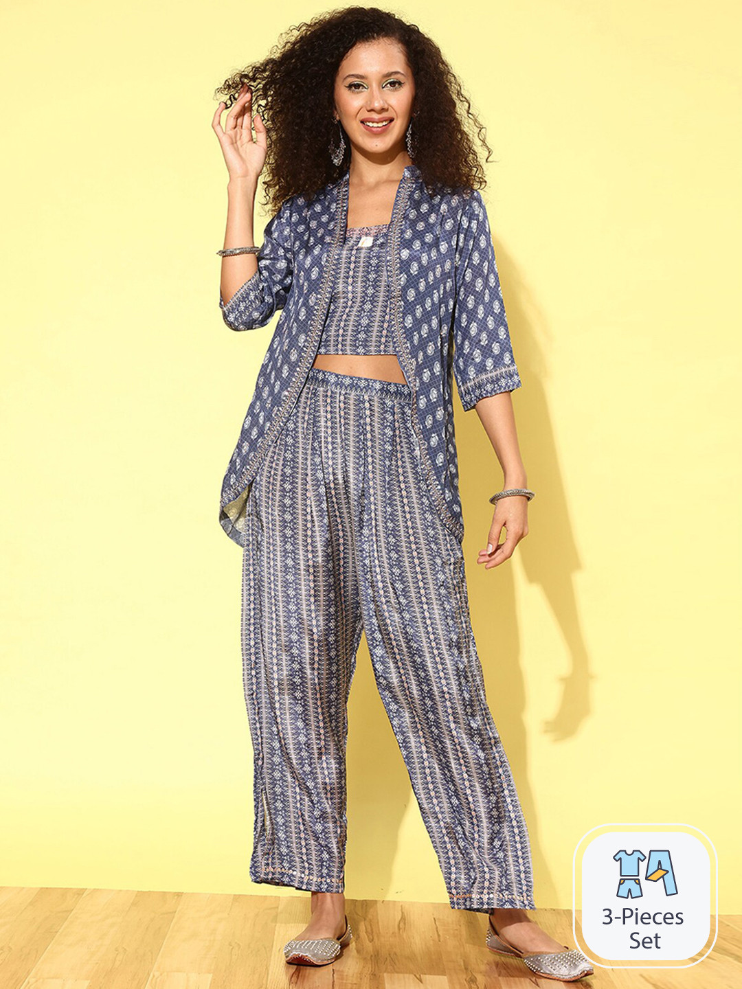 

ODETTE Printed Shoulder Straps Sequined Detail Top & Trouser With Jacket, Blue