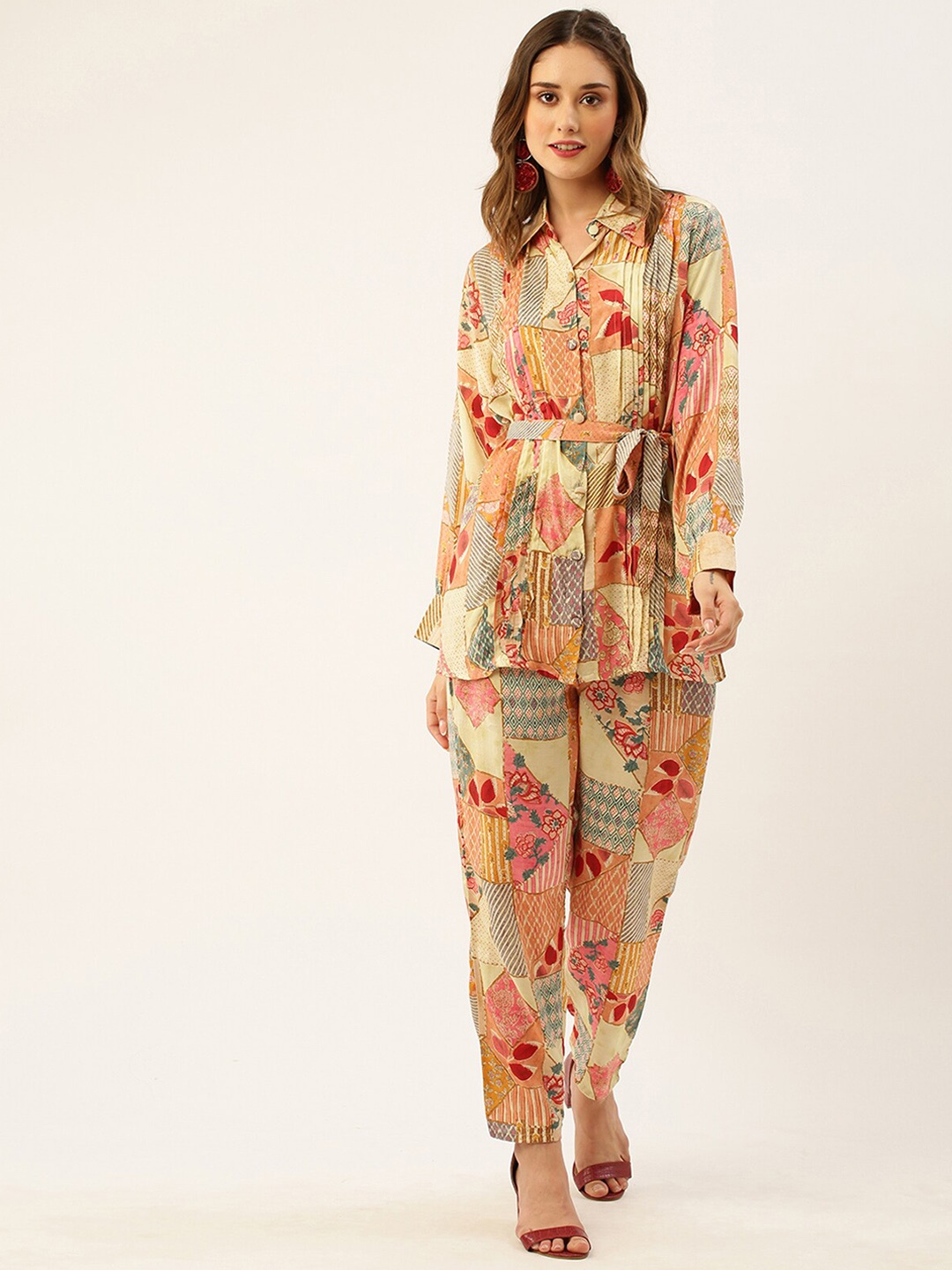 

Odette Printed Shirt Collar Top With Trousers, Cream