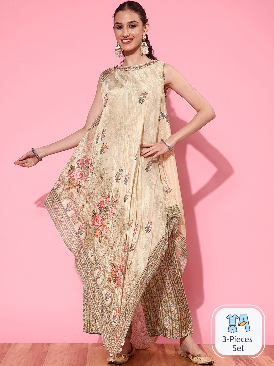 

ODETTE Floral Printed Top & Ethnic Jacket With Trousers, Beige