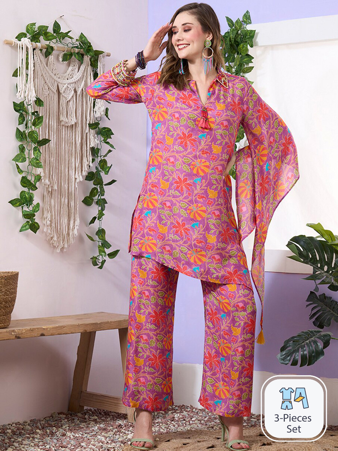 

ODETTE Floral Printed Shirt Collar Kurta With Trouser, Magenta