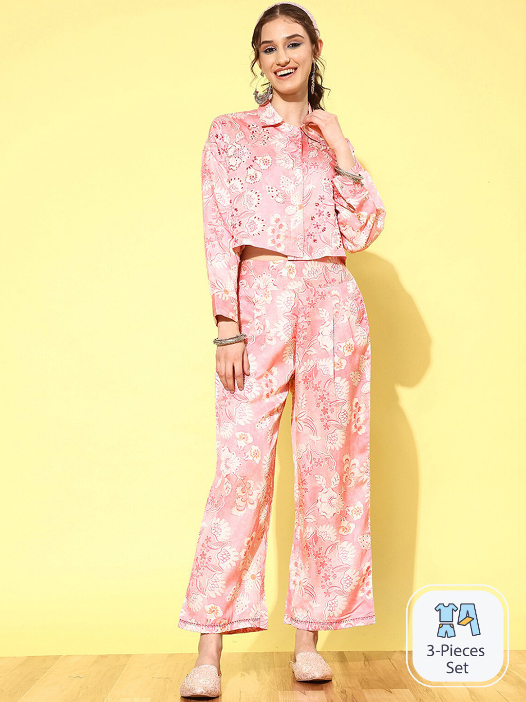 

ODETTE Printed Shirt Collar Linen Top With Trousers, Pink