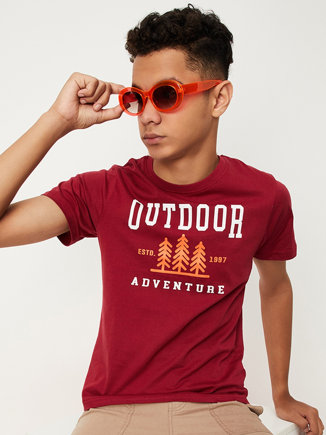 

max Boys Typography Printed Pure Cotton T-shirt, Red
