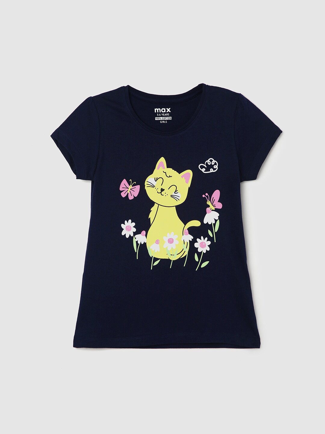 

max Girls Graphic Printed Pure Cotton T-shirt, Navy blue