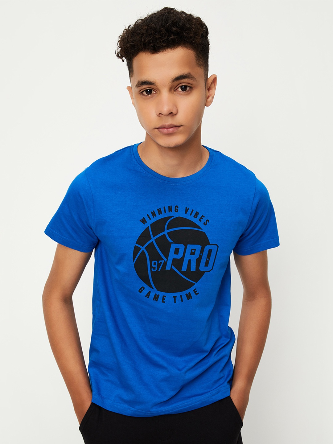 

max Boys Typography Printed Regular Fit Cotton T-shirt, Blue