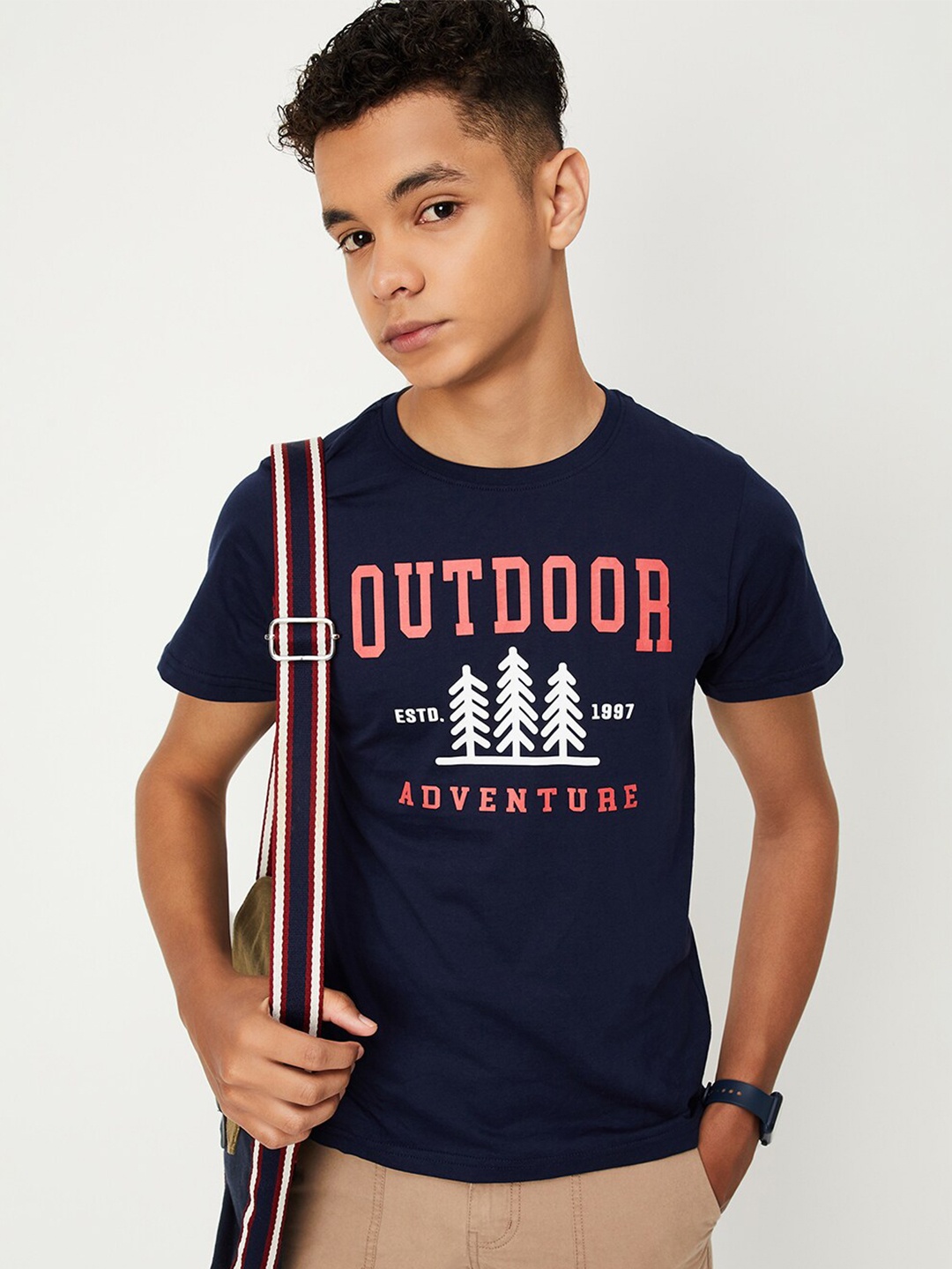 max Boys Typography Printed Pure Cotton T-shirt, Navy blue