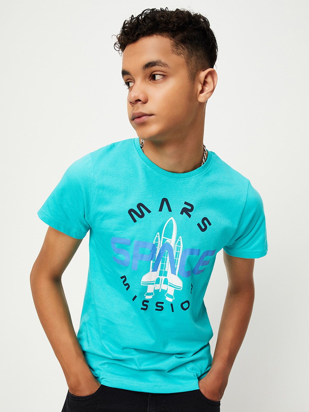 

max Boys Typography Printed Cotton T-shirt, Blue