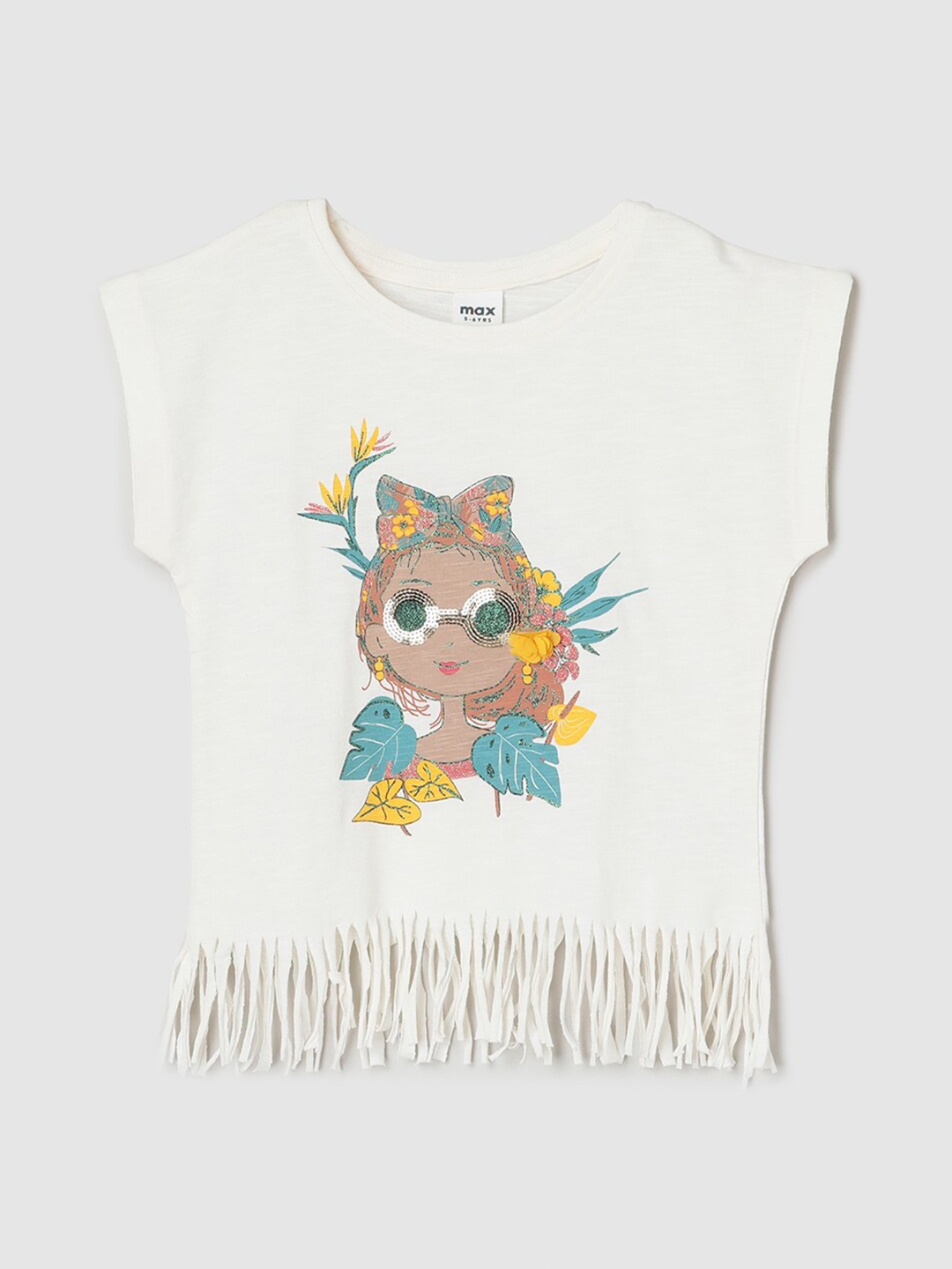 

max Girls Graphic Printed Extended Sleeves Raw Edge Pure Cotton T-shirt, Off white